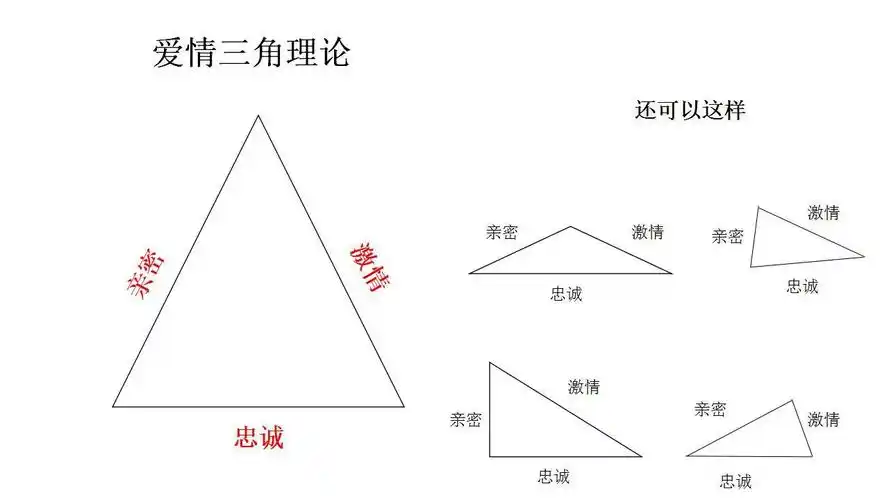 如图:每个成分的强度都可由低到高地变化,所以爱情的三角形可能有无数