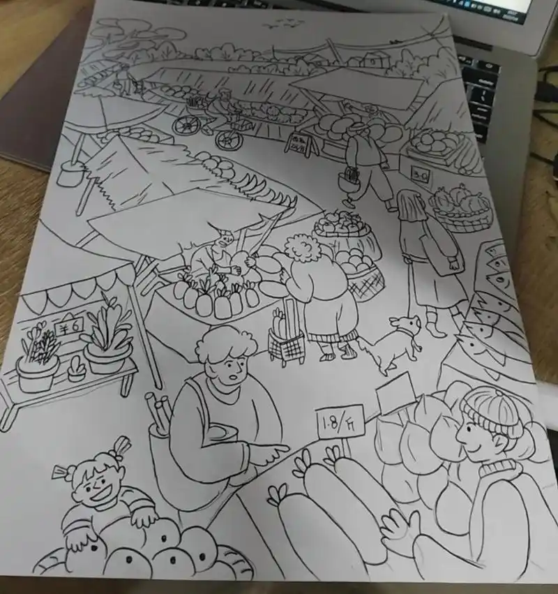 马克笔集市绘画 #集市简笔画##马克笔绘画# #菜市场