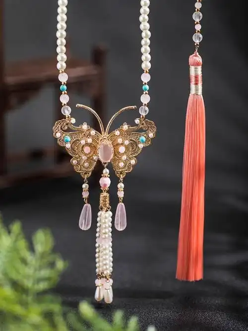 明制背云长饰品璎珞流苏古风防珍珠汉服吊坠项圈中式马面配饰项链