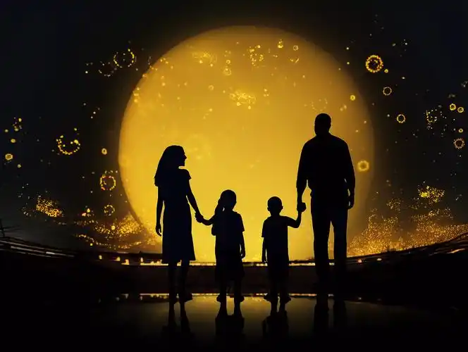 中秋圆月前的一家四口人物剪影八月十五的中秋月亮夜晚中国文化传统