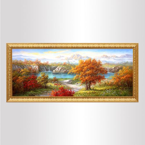 美式山水瀑布风景艺术微喷聚宝盆油画欧式客厅装饰画中式沙发背景