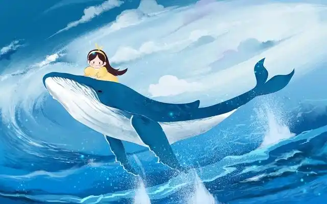 海洋动物psd素材唯美天空插画鲸鱼手绘温暖小清新云朵浪漫蓝鲸背景唯
