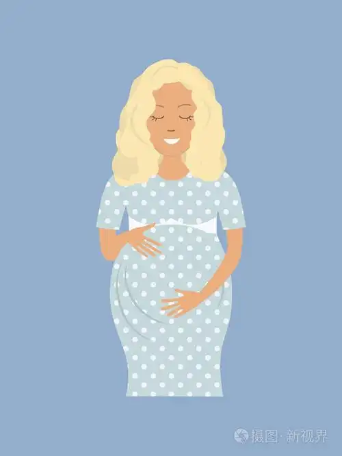 一个微笑的女人握住她的手在她的肚子上.卡通风格中的矢量插画