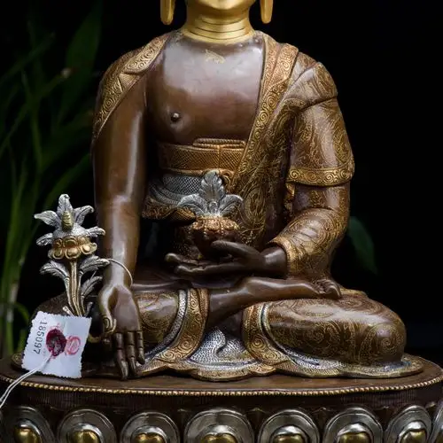药师佛 15寸尼泊尔藏传佛教密宗摆件手工纯铜鎏金鎏银药师佛佛像