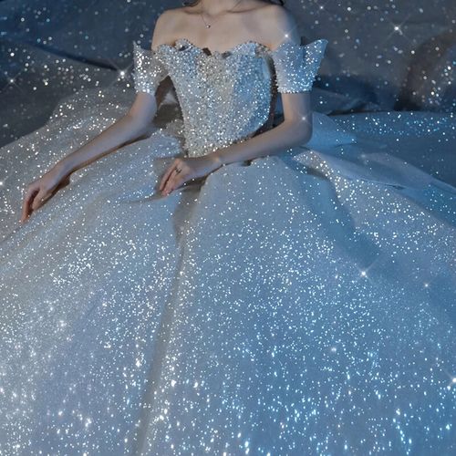 一字肩婚纱2022新款新娘主纱质感蓝色法式大码拖尾