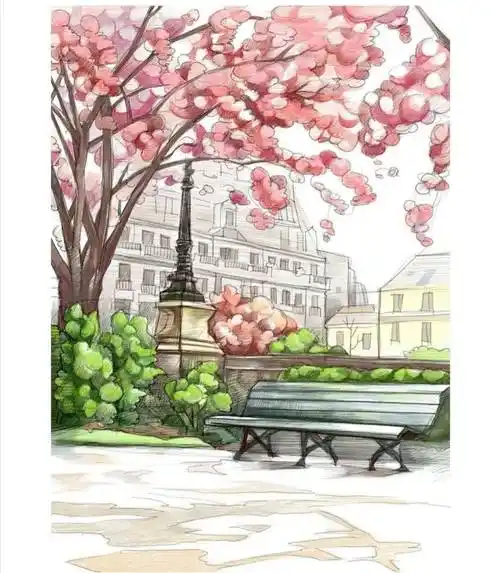 彩色铅笔风景画 | 春天的公园,大自然风景画彩铅画_步骤_视频_整体