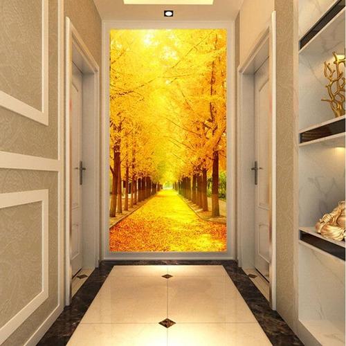 3d立体玄关背景墙壁纸壁画竖版走廊过道墙纸装饰画5d黄金大道墙布