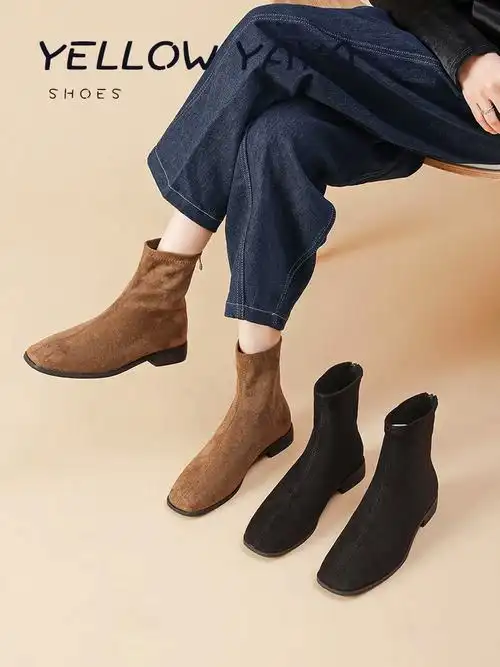 新款后拉链ins踝靴袜靴简约显瘦短靴女平底瘦瘦靴马丁靴2023冬季