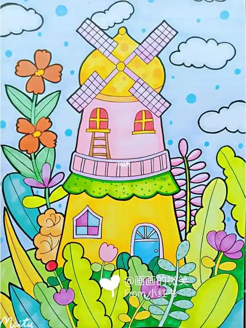 儿童画马克笔风车房子