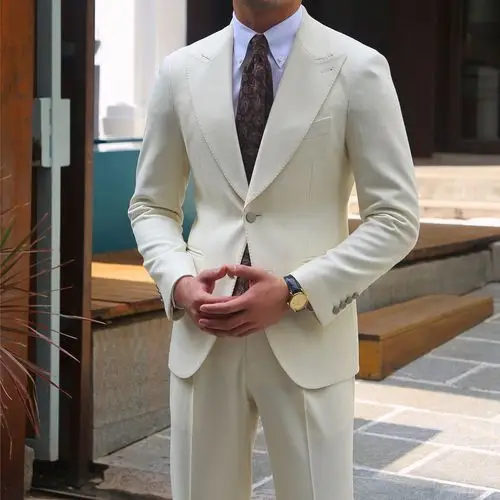 鹿三先生宴会礼服男士修身小资奶黄色气质西服套装英伦时尚西装潮