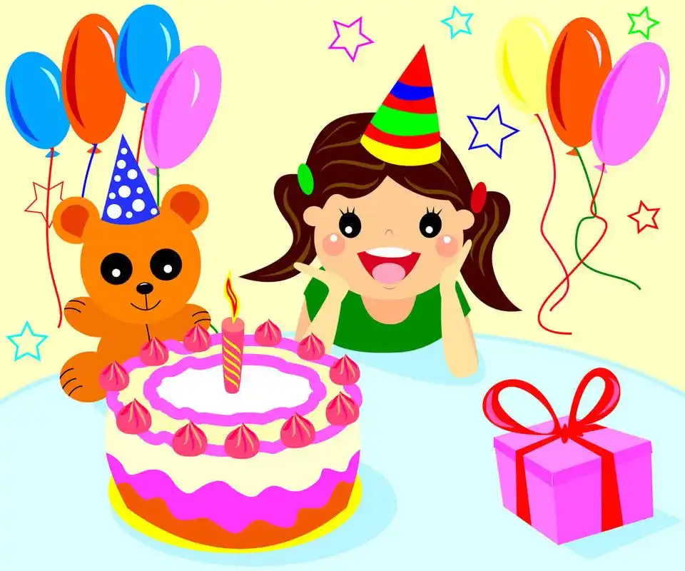 祝你生日快乐女孩,快乐的小女孩拿着蛋糕和气球庆祝生日.