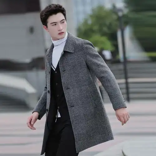 comeacross韩版羊毛大衣男中长款风衣外套双面呢长款千鸟格