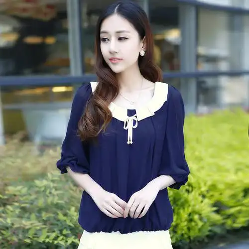 玖娅夏装雪纺衫韩版宽松大码娃娃领雪纺上衣女装 xf032 深蓝色 xxl