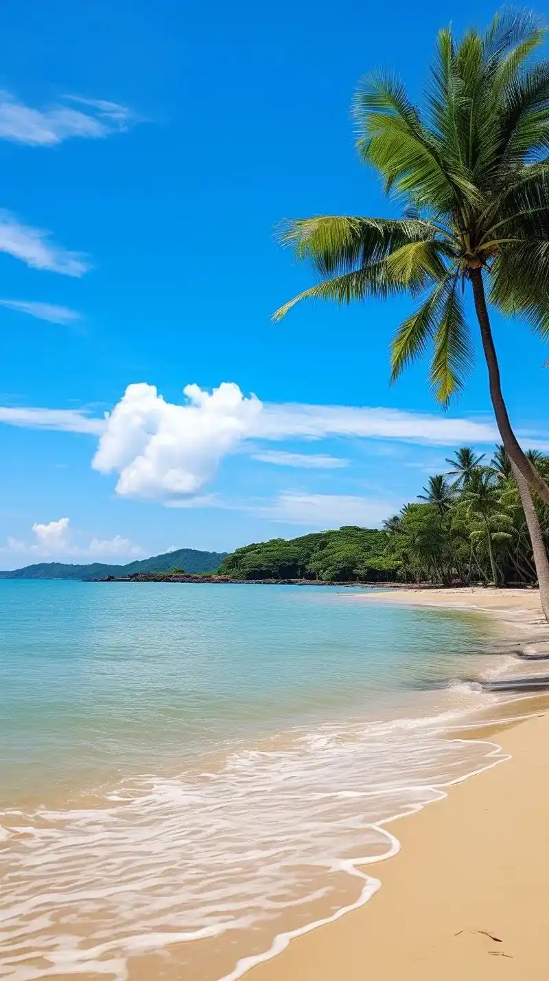 在海南岛的沙滩上有许多高大的椰子树,最后一缕阳光照在沙滩上, - 抖