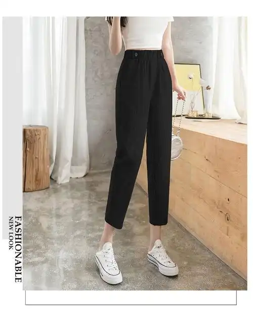 冰丝棉麻裤子女夏季薄款休闲女裤2024新款高腰直筒宽松九分哈伦裤