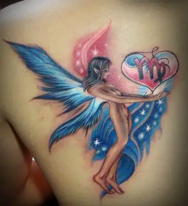 背部彩色天使精灵翅膀纹身图案