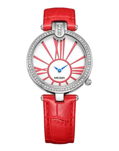 白面红印镶钻潮流女士红带石英表