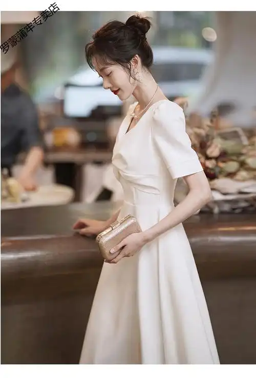 罗蒙官方旗舰白色小礼服平时可穿法式登记领证小白裙宴会订婚连衣裙女