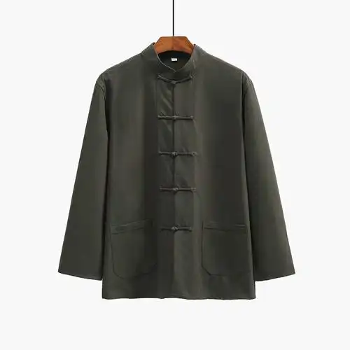 纯棉老粗布唐装男春秋长袖中式衬衣衬衫大码功夫打底衫禅修居士服