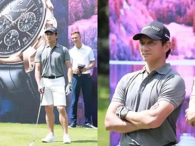 吴奇隆年近半百不忘运动穿运动装打高尔夫全身肌肉还是很结实