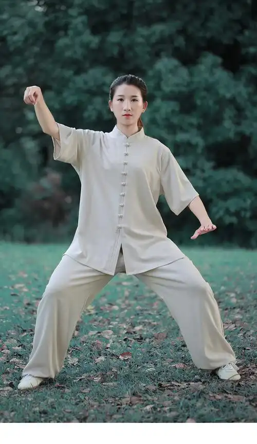 拳友大爱短袖太极服女夏季棉麻太极拳练功服装男2021新款薄灰色小扣