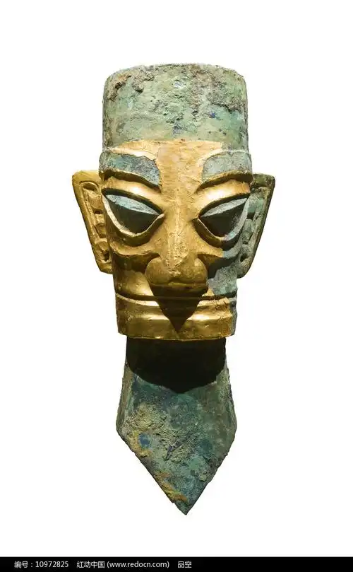 三星堆文物戴金面罩铜人头像正面像