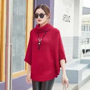 女士针织披肩斗篷式小外套秋冬不规则蝙蝠型五分袖高领毛衣厚女装