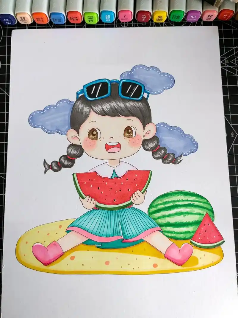 西瓜味的夏天.夏至日,吃块西瓜解解暑!#画画 #马克笔手绘  - 抖音