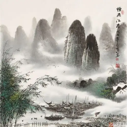 【已售】张慧仁 四尺斗方《烟雨江南》 广西山水画家协会常务理事