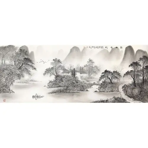 水墨丹青陈厚刚六尺横幅山水画渔舟唱晚