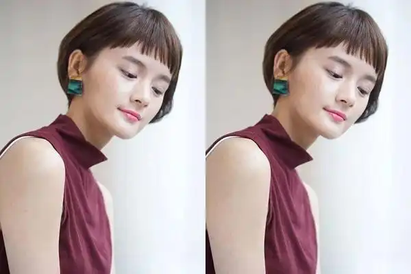 整齐修剪的眉上短刘海 露耳超短发二次元感十足,头发在齐耳处内包的