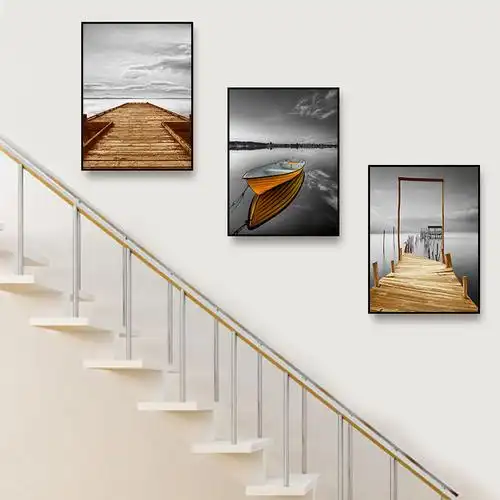 现代简约楼梯口装饰画客厅墙面挂画北欧黑白风景走廊现代装饰画