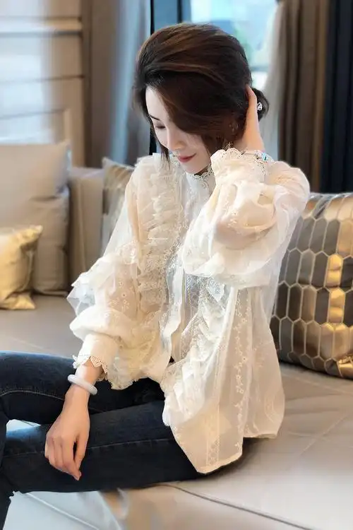 仙气上衣白色打底衫女蕾丝衬衫长袖宽松立领荷叶边小衫春2020新款