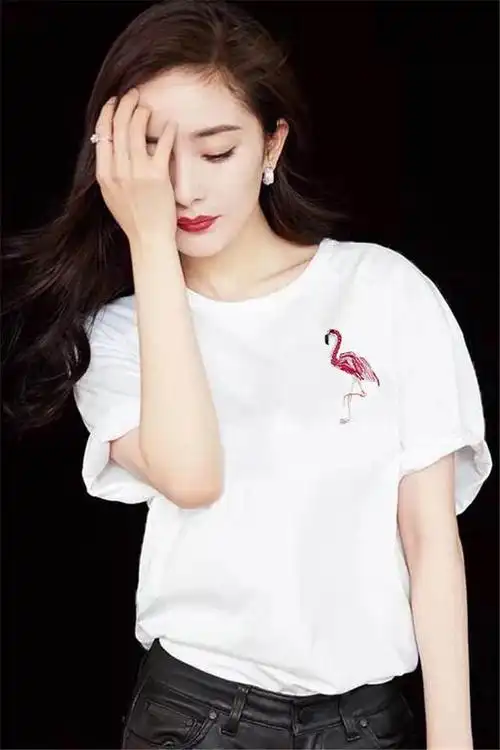 白色t恤2019夏季新款韩版宽松明星杨幂同款刺绣短袖打底上衣