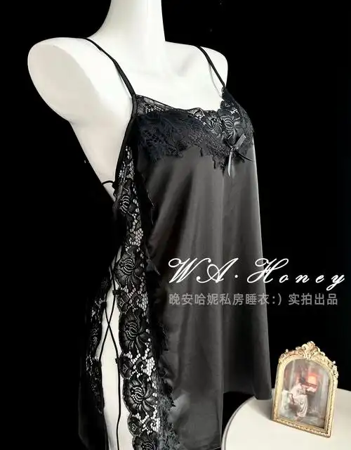 登腾睡衣性感睡衣女夏2024新款冰丝吊带小胸开叉绑带网红蕾丝睡裙