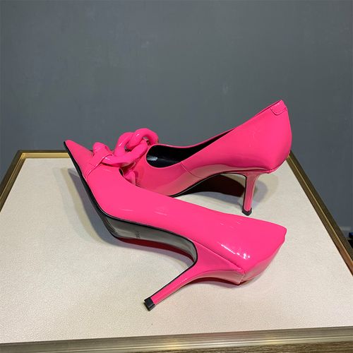 2022早春新款亮出高度漆皮玫粉色真皮尖头高跟鞋单鞋女潮