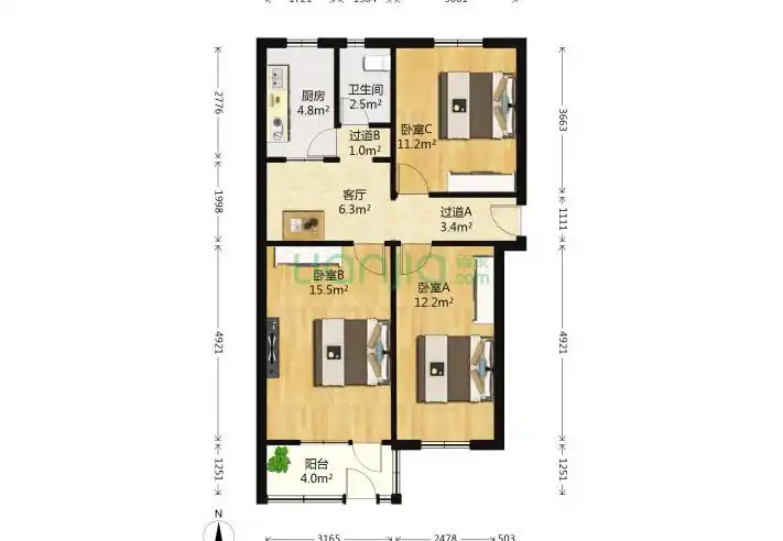 中关村北一条3室1厅1卫80平米装修案例