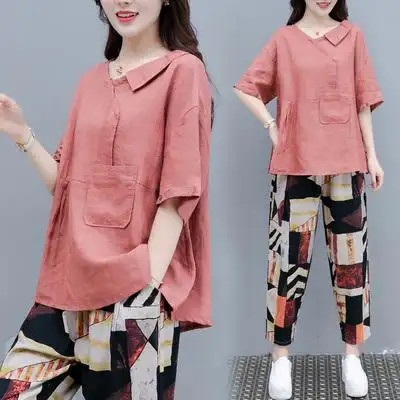大码女装夏装新款韩版宽松休闲洋气两件套气质遮肚子棉麻套装显瘦