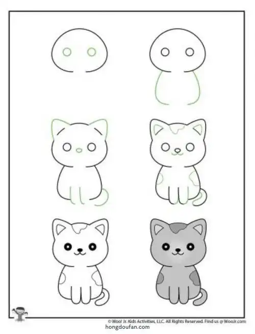 一步一步跟着画!画一只可爱的小灰猫! | 红豆饭小学生简笔画大全