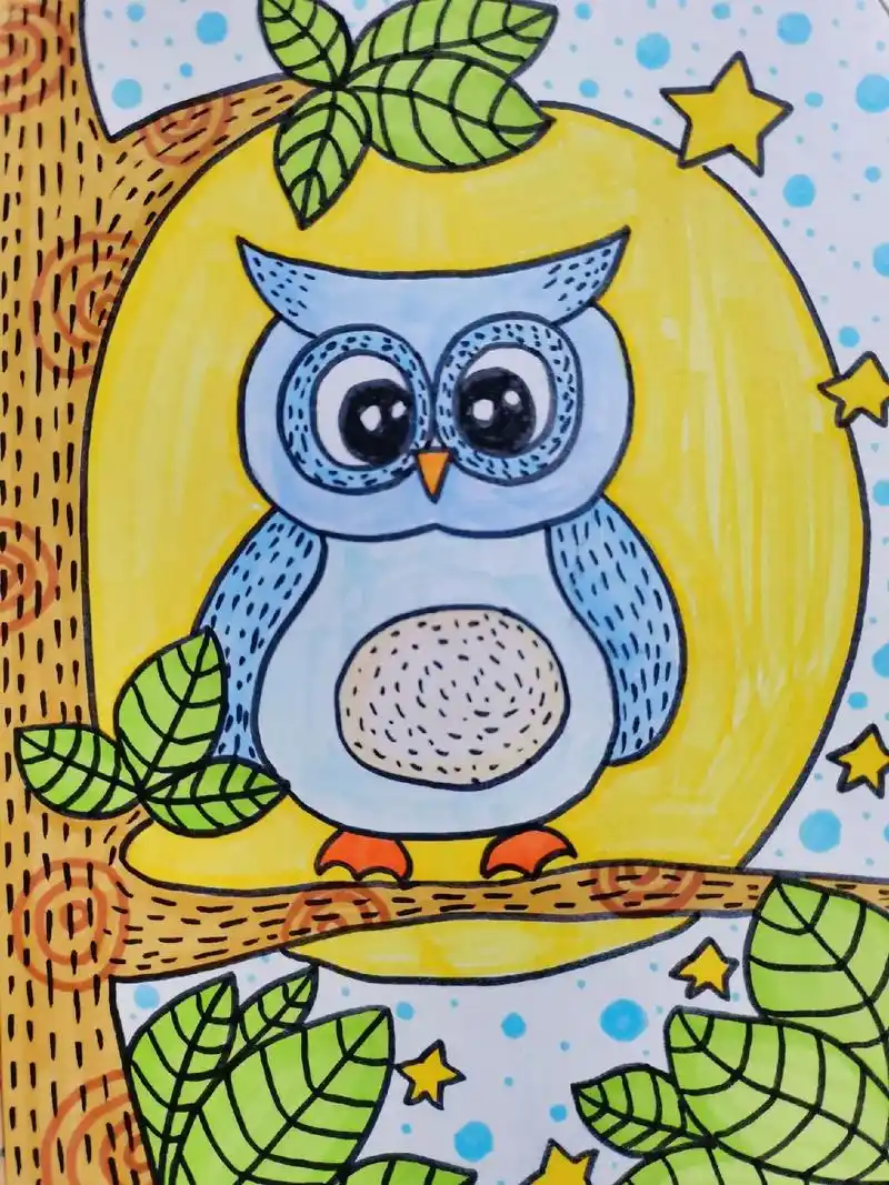 儿童创意画猫头鹰.