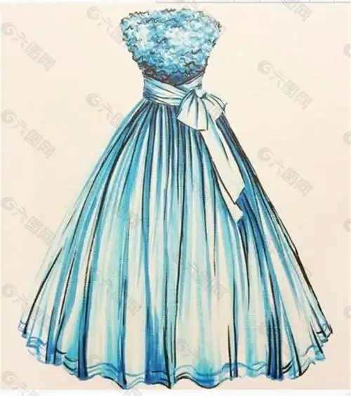 蓝色蝴蝶结抹胸裙设计图