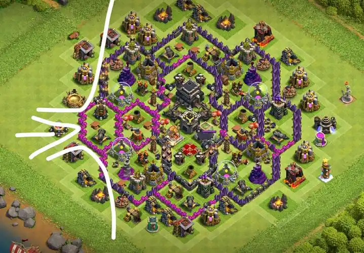 注意这个阵型,左边,建筑物最为分散,且中间攻击最近!