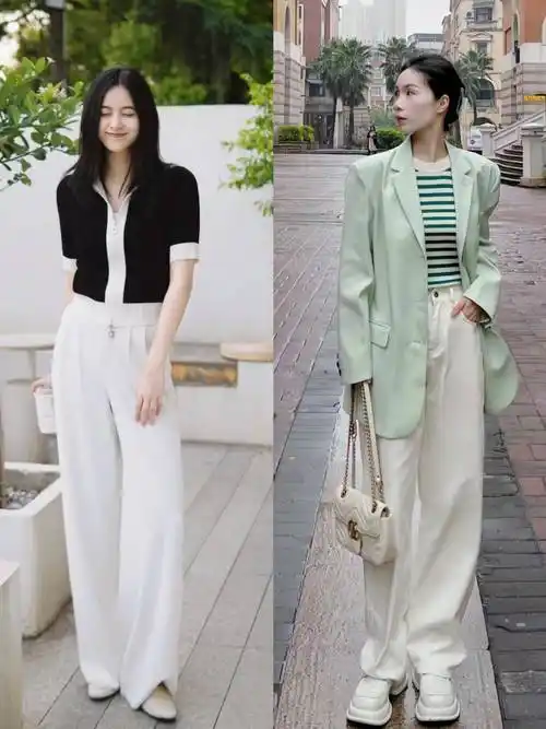 像这种白色裤子,搭配白色乐福鞋,系黑色腰带/皮带,利落又显高.