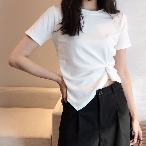 lafreedom官方授权圆领打结设计感短袖t恤女夏季纯色百搭上衣