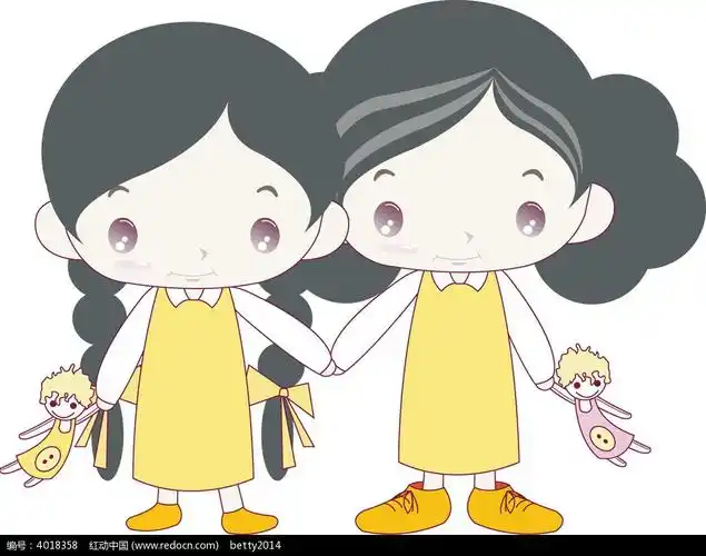 卡通画—瓶子边手拉手的女孩和女人