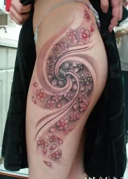 大腿上的樱花纹身图案