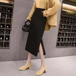 百搭显瘦加厚中长款开叉毛呢包臀裙修身长裙一步裙图片