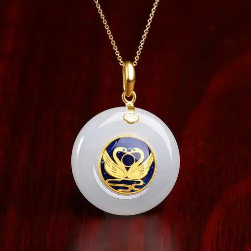 周六福金镶玉吊坠女款天鹅比心玉坠黄金足金和田颈饰