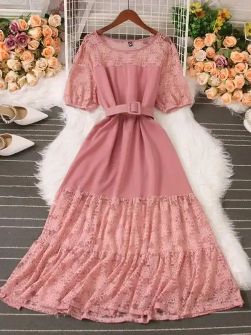 2024夏季惊艳名媛气质圆领钩花镂空蕾丝连衣裙优雅海边度假长裙子