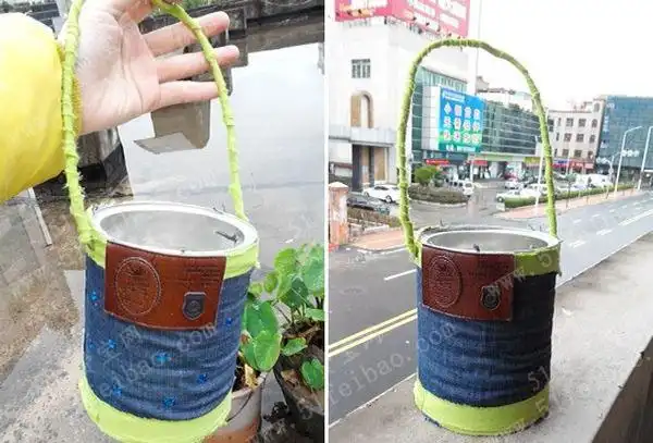 旧奶粉罐和牛仔裤制作便携移动小清新花盆 - 废旧物品手工制作 - 51费